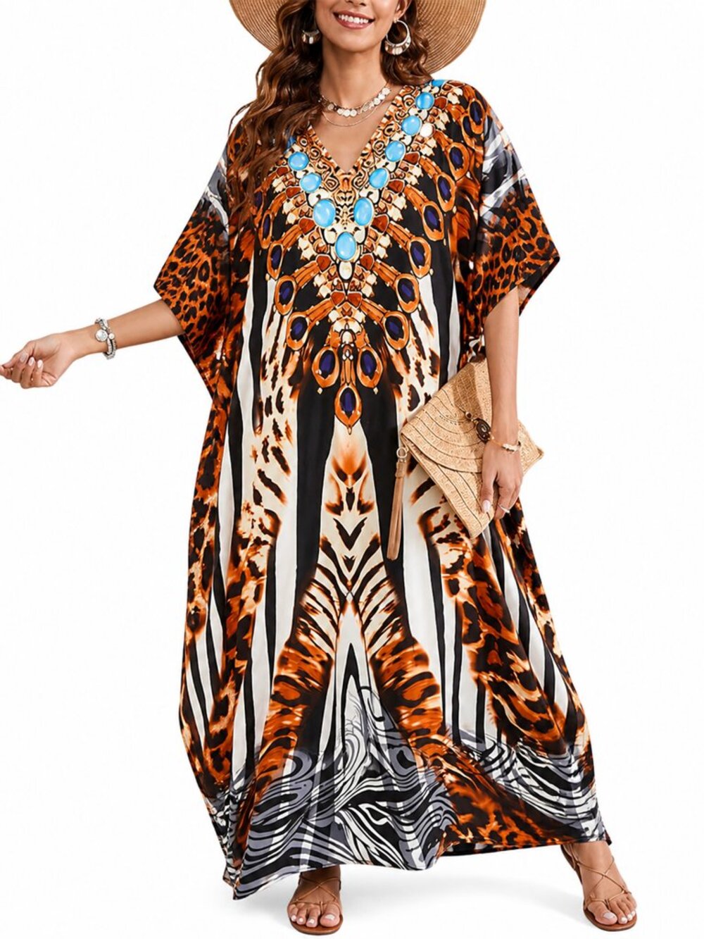 Animal Printed Polyester Caftan Dress Plus Size Women Comfy Loose Maxi Dresses